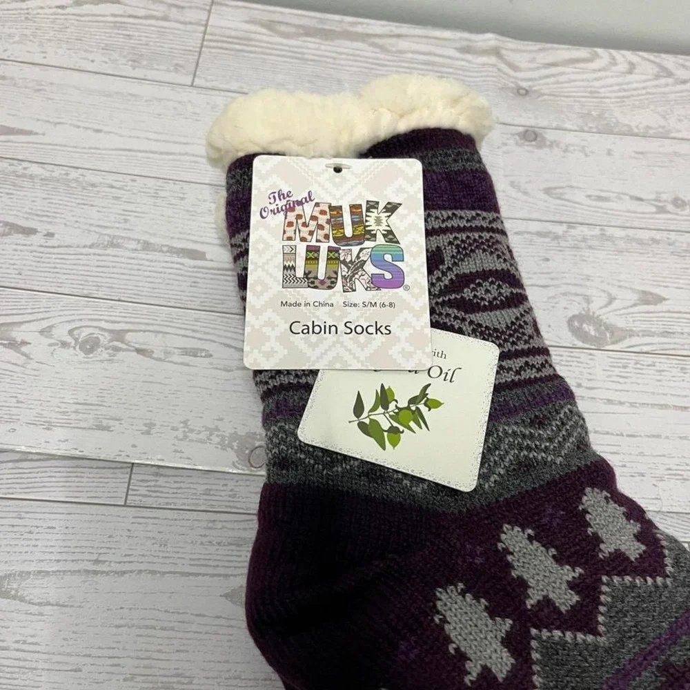 Muk Luks Womens Cabin‎ Socks Purple Fair Isle Jojoba Slipper Socks Hygge Nordic
